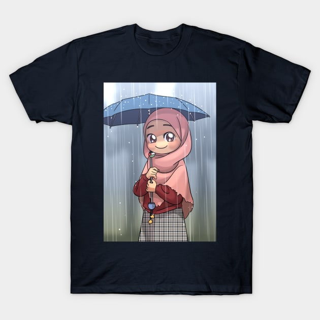 Hijab Girl under the rain T-Shirt by 	 FatharaniYasmin